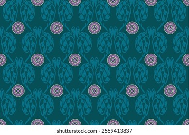 Seamless Damask Pattern with Teal Background Ornamental Floral Motifs and Circular Designs Art Nouveau Inspired Design for Wallpaper Fabric Textile Home Decor and Digital Projects