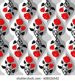 Seamless damask pattern with vintage black and white roses. Retro textile collection.