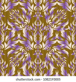 Seamless damask pattern. Vintage ornamental background with victorian pattern in brown, violet and beige colors. Vector illustration.