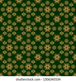 Seamless damask pattern. Vintage ornamental on green background with victorian pattern. Vector illustration.