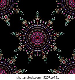 Seamless damask pattern. Vintage ornamental background with victorian pattern in blue, red and neutral colors. Vector illustration.