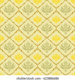 Seamless damask pattern. Vintage ornamental background with victorian pattern in beige and yellow colors. Vector illustration.