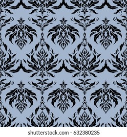 Seamless damask pattern. Vintage ornamental background with victorian pattern in blue and black colors. Vector illustration.