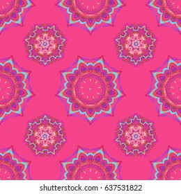 Seamless damask pattern. Vintage ornamental background with victorian pattern in pink and blue colors. Vector illustration.