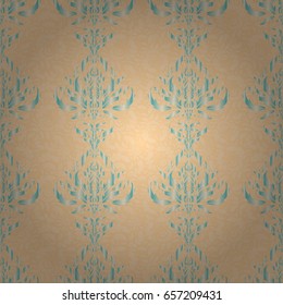 Seamless damask pattern. Vintage ornamental background with victorian pattern in beige and blue colors. Vector illustration.