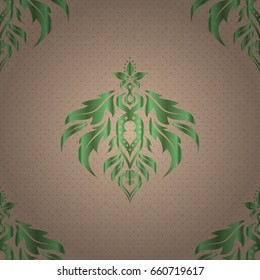Seamless damask pattern. Vintage ornamental background with victorian pattern in beige and green colors. Vector illustration.
