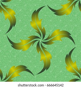 Seamless damask pattern. Vintage ornamental background with victorian pattern in yellow and green colors. Vector illustration.