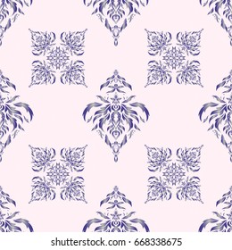 Seamless damask pattern. Vintage ornamental background with victorian pattern in gray and violet colors. Vector illustration.