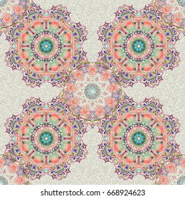 Seamless damask pattern. Vintage ornamental background with victorian pattern in red and green colors. Vector illustration.