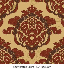 Seamless damask pattern. Vintage shabby red-brown background with gold ornaments. Stylish classic vintage wallpaper, fabric, carpet, tiles. Art drawing 