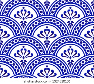 seamless damask pattern, Wallpaper in Victorian and Chinese style, porcelain indigo background design, blue and white ceramic wallpaper decor Vector illustration