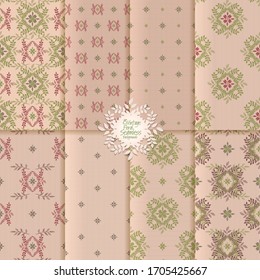 Seamless damask patterns collection in gentle beige colors, vector floral seamless backgrounds set