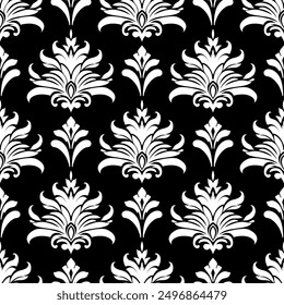 Seamless damask pattern,white ornament on black blackground.