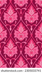 Patrón rosa de damasco sin foco. Ornamento vectorial floral. Fondo oriental para papel pintado, textil, alfombra, papel envolvente. 