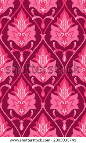 Seamless damask pink pattern. Floral vector ornament. Oriental background for a wallpaper, textile, carpet, wrapping paper. 