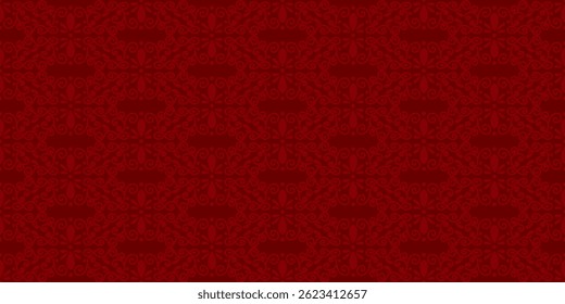 Seamless damask rich pattern. Red luxurious background with symmetrical ornamental design. Vintage victorian style template for textile and wallpaper.