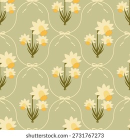 Modelo inconsútil del estilo del damasco con los narcisos amarillos. Lindo estampado floral. Perfecto para envolver papel, diseños textiles y más. Ilustración vectorial.
