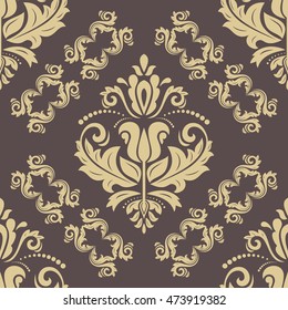 Seamless damask vector brown and golden pattern. Traditional classic orient ornament
