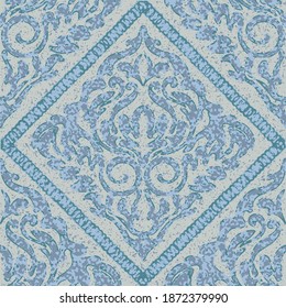 Seamless damask vector floral pattern. Vintage textured, artistic wallpaper on a gray and blue background. Fabric or tile, vintage ornament, decorative pattern element for design