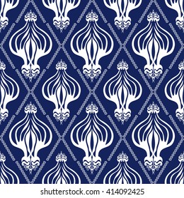 Seamless damask wallpaper with abstract floral pattern and rhombus ornament. Art Deco collection. White on dark blue.