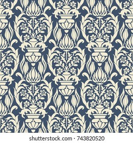 Seamless damask wallpaper in blue and grey. Seamless vintage pattern in Victorian style . Hand drawn floral pattern. Vector illustration