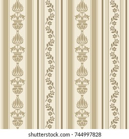 Seamless damask wallpaper with stripes. Seamless vintage pattern in Victorian style . Hand drawn floral pattern. Vector illustration