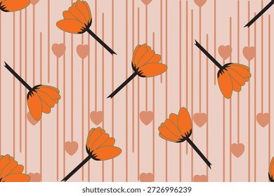 Patrón floral de inspiración damasco sin costuras con flores de color naranja estilizado con rayas de Vertical y motivos de corazón sobre un fondo de melocotón suave. Diseño simétrico decorativo con un toque romántico moderno, perfecto para el Fondo de pantalla, impresiones textiles, diseño de tela, envoltura de regalo, papelería, embalaje y diseño de patrones de superficie. Fondo ornamental lindo, juguetón y elegante.