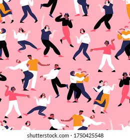 Seamless Dance Pattern. Many Different Solo And Couple Dancing People. 