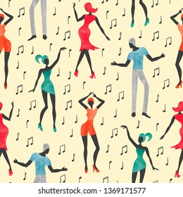 Seamless dance pattern. Vector background with watercolor dancing people.