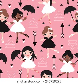 Seamless dancing ballet girls friends illustration for kids sweet geometric pink background pattern in vector