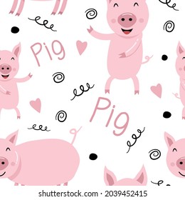 Seamless dancing pig pattern on a white background with doodles and hearts. Used for baby clothes designs, blanket patterns, curtains, carpets.