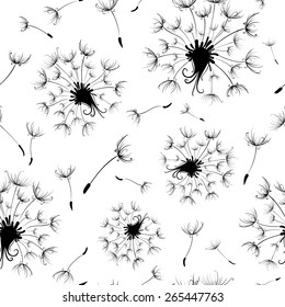 Seamless dandelion pattern. Black and white texture with dandelions. 