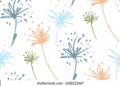 Seamless dandelion pattern, floral design background hand drawn. Textile print , fabric swatch, wallpaper.