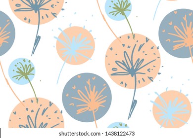 Seamless dandelion pattern, floral design background hand drawn. Textile print , fabric swatch, wallpaper.