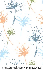 Seamless dandelion pattern, floral design background hand drawn. Textile print , fabric swatch, wallpaper.