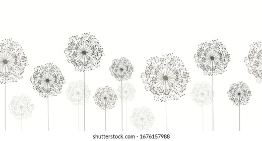 Seamless dandelion pattern, horizontal background with hand drawn plants and seeds. Vector illustration for banner, card, kitchen design