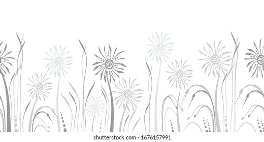 Seamless dandelion pattern, horizontal background with hand drawn plants and seeds. Vector illustration for banner, card, kitchen design