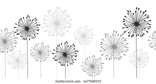 Seamless dandelion pattern, horizontal background with hand drawn plants with seeds. Vector illustration for banner, card, kitchen design