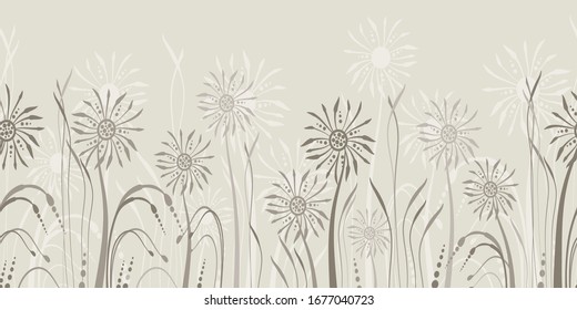 Seamless dandelion pattern, horizontal background with hand drawn plants and seeds. Vector illustration for banner, card, kitchen design