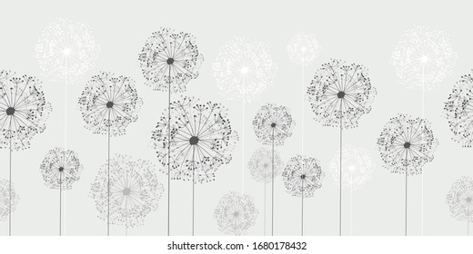 Seamless dandelion pattern, horizontal background with hand drawn plants and seeds. Vector illustration for banner, card, kitchen design
