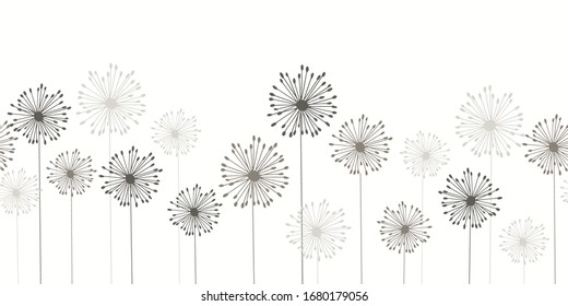 Seamless dandelion pattern, horizontal background with hand drawn plants and seeds. Vector illustration for banner, card, kitchen design