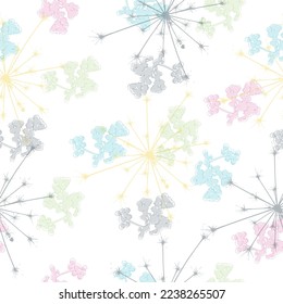 Seamless dandelion pattern, vector seamless background with hand drawn plants and seeds Flight of a dandelion, seeds fly from the wind.