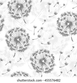 Seamless dandelion pattern, vector seamless background with hand drawn plants and seeds