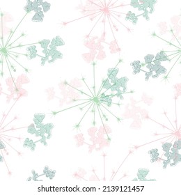 Seamless dandelion pattern, vector plant and seeds illustration on sky background Tender flying dandelion flowers on a white.