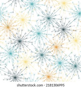 Seamless dandelion pattern, vector plant and seeds illustration on sky background Flight of a dandelion, seeds fly from the wind.