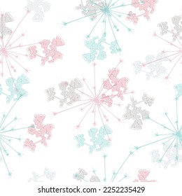 Seamless dandelion pattern, vector plant and seeds illustration on sky background Flight of a dandelion, seeds fly from the wind.