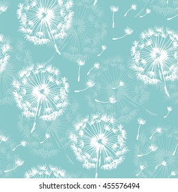 Seamless dandelion pattern, vector plant and seeds illustration on sky background