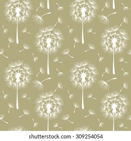 Seamless Dandelions on the olive background. Vector illustration