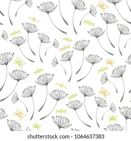 Seamless dandelions pattern. Dandelions with butterfly.