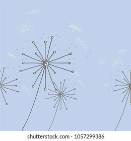 Seamless dandelions pattern on the blue background. Hand drawing